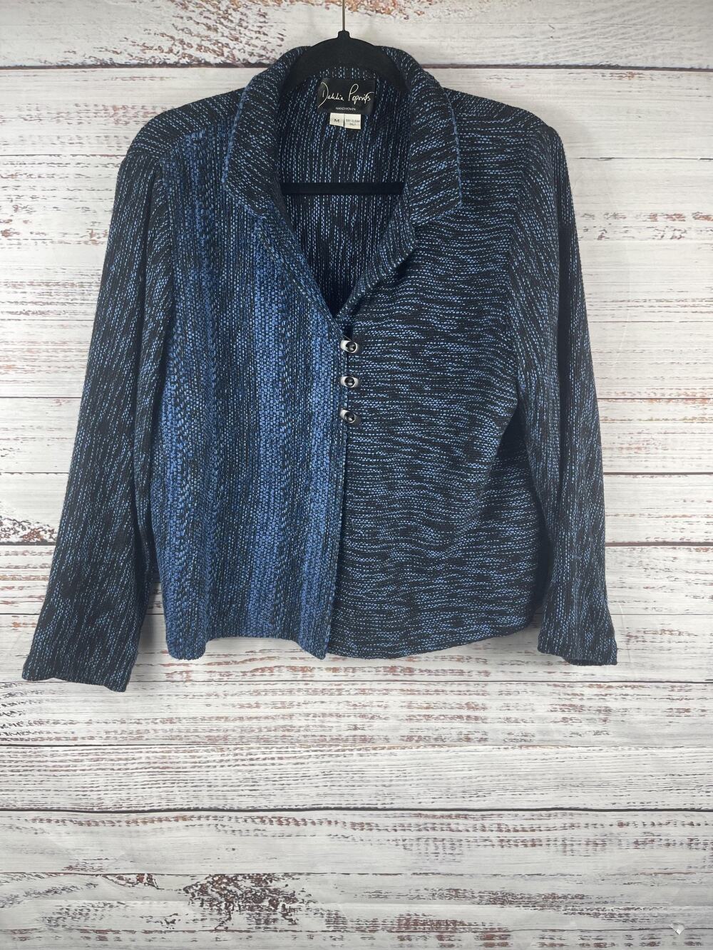 Dahlia Popovits Handwoven Jacket Women's Medium Blue Black Button Front Collared